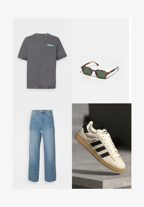 Gray short-sleeve t-shirt made of cotton. Features a light blue "Paradise" logo printed on the left chest. Classic crew neckline.; High-waisted light blue denim jeans with straight legs, front button closure, and five-pocket styling on plain background.; Beige suede sneaker with three dark blue stripes, white laces, and a tan rubber sole. Features a logo on the tongue and "CAMPUS" text.; Tortoiseshell sunglasses with green lenses, featuring an octagonal shape and slim, curved arms. Material has a glossy finish.