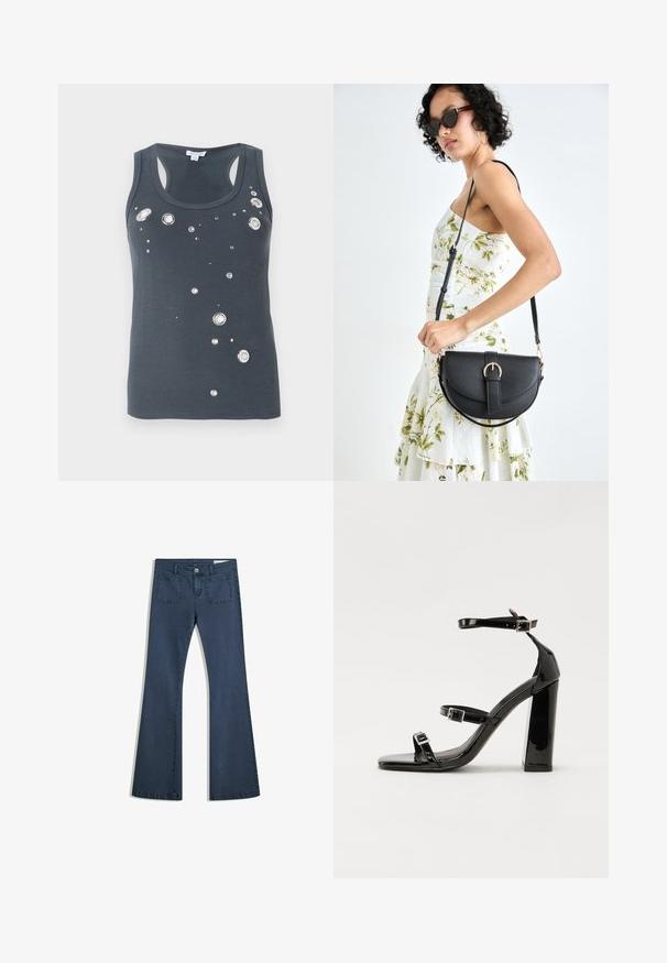 Tamno siva majica bez rukava s izrezom u obliku suglasnika, s raspršenim metalnim okruglim i kvadratnim ukrasima za dodatak. Mekani, prilagođeni materijal.; Tamno plavi traperice s izrezanim nogavicama, šivanim džepovima, kopčanjem na dugme i glatkom teksturom. Imaju klasičan dizajn s pet džepova.; Crne lakirane sandale na visoku petu s dva remena s kopčama, kvadratnim vrhom i masivnom blok petom, s glatkom, sjajnom teksturom.; Crna kožna torba s lukovitim oblikom, odvojivim remenom i zlatnim detaljima. Torba ima preklop s kopčom.