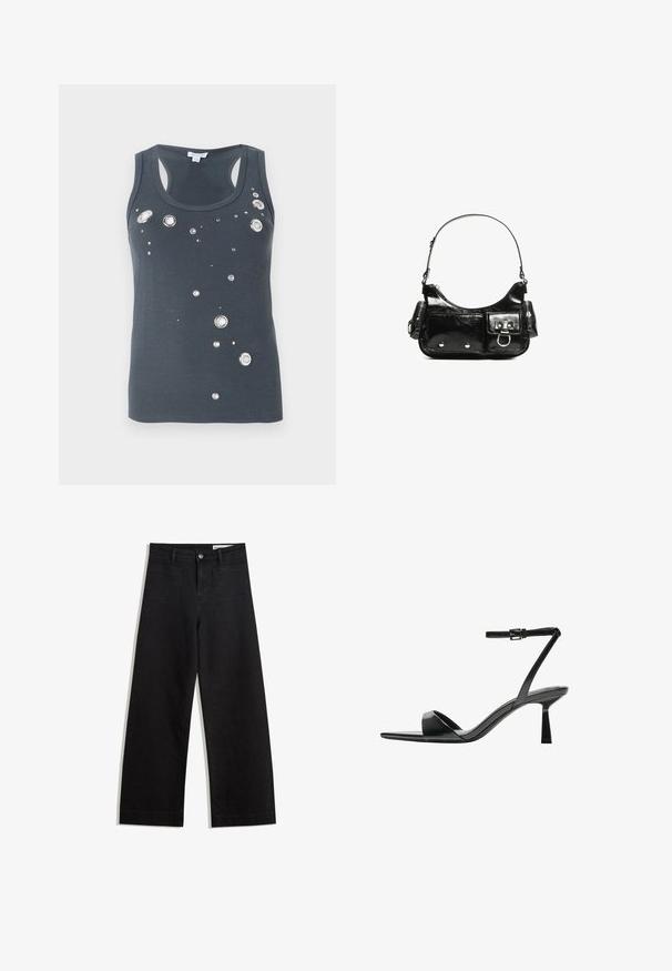 Tummanharmaa hihaton paita, jossa on avara kaula-aukko, ja jota koristavat hajallaan olevat metalliset pyöreät ja neliönmuotoiset koristelut. Pehmeä, lähittäin istuva kangas.; Mustat leveät farkut korkealla vyötäröllä, joissa on etu- ja takataskut, ommellut saumat ja nappisuljenta. Silkinoinen rakenne.; Bershka Korolliset sandaalit - black; Mustekko mustasta kiiltonahasta valmistettu käsilaukku, jossa on kaareva muoto, yksi olkahihna, etutaskut ja hopeanväriset yksityiskohdat.
