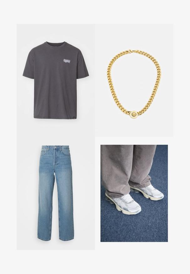 Sivý bavlnený tričko s krátkymi rukávmi, okrúhlym výstrihom a malou bielou grafickou potlačou na hrudi. Má rovný dolný lem a voľný strih.; Svetlo modré riflové džínsy s vysokým pásom a rovnými nohavicami, s predným zapínaním na gombík a piatimi vreckami na plnom pozadí.; Biele športové tenisky zo sieťoviny so striebornými detailmi, s hrubou podrážkou a šnurovacím systémom. Nosia sa s sivými manšestrovými nohavicami. Pozadie je modrý koberec.; Zlatý náhrdelník s veľkými prepojenými článkami, ktorý má v strede okrúhly prívesok s vyvýšeným emblémom.