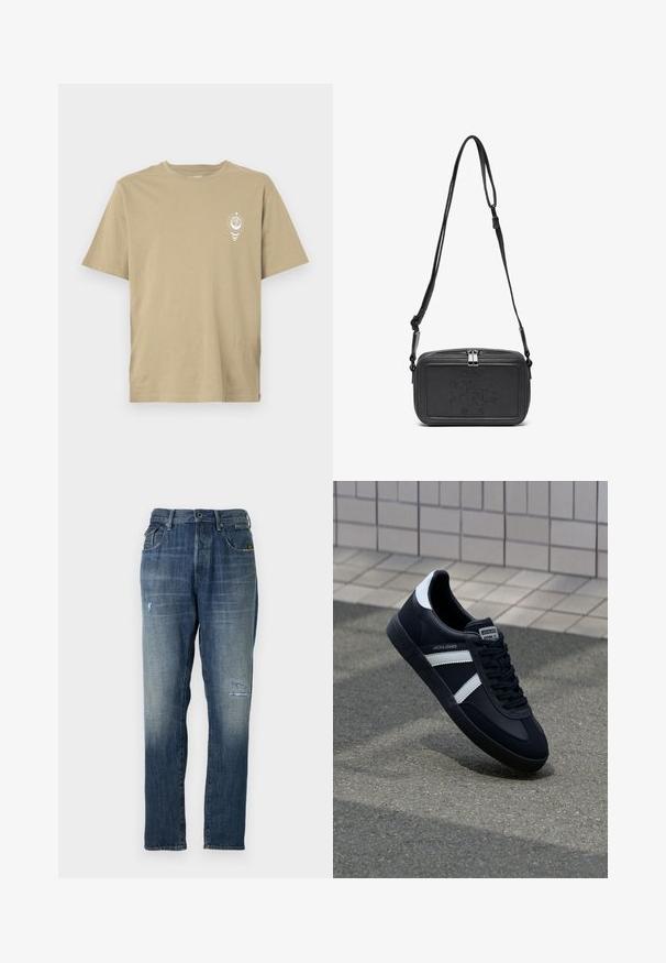 Beige tričko s krátkým rukávem vyrobené z jemné bavlny, s malým bílým grafickým designem na levé oblasti hrudi. Jednoduchá zadní strana.; Džínové kalhoty s bledě modrou barvou, rovný střih, mírným opotřebením vpředu a klasickým pětitovkovým stylem.; Černé kožené tenisky s bílými pruhy, texturovanou gumovou podrážkou a šněrováním vpředu. Obsahují značenou etiketu na jazyku.; Černá kožená taška přes rameno s uzávěrem na zip, vyraženým logem na přední straně a nastavitelným popruhem. Hladký povrch s obdélníkovým tvarem.
