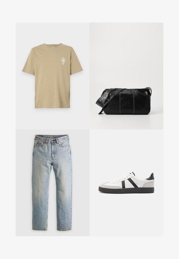 Beige kortærmet t-shirt lavet af blød bomuld, med et lille hvidt grafisk design på venstre brystområde. Ensfarvet ryg.; Lysblå denim jeans med høj talje, frontknap, lynlås og fem-lomme design, lagt fladt på en neutral baggrund.; Hvide sneakers med sorte og grå detaljer, med en tekstureret grå tåhætte, sort gummisål og flade hvide snørebånd. Rent design, minimalistisk stil.; Sort læder skuldertaske med lynlås, der har en tekstureret overflade, hvid syning og en rem med sølvøskner.