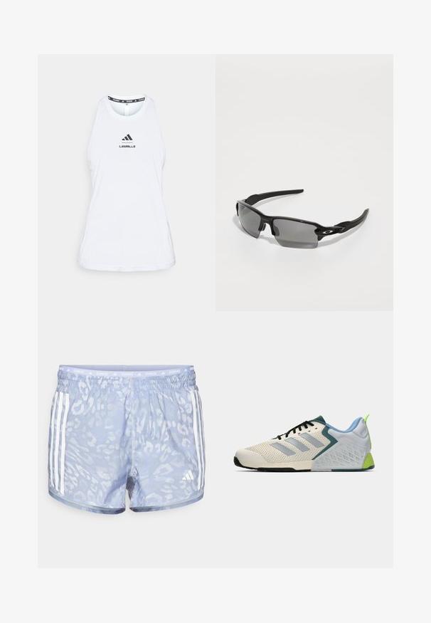 Vit idrottstopp med rund halsringning, sidsprund och "LesMills" logotyp i svart. Tillverkad av lätt och ventilerande material.; Ljust blå löpartights med en subtil leopardmönster, elastisk midja och tre vita ränder på varje sida.; Lätta sportskor med en krämfärgad mesh-övre, grå ränder, en grön accent och en texturerad blå häldel. Svarta snörningar.; Svarta sportsolglasögon med grå linser, en böjd ramdesign och logodetalj på sidan. Tillverkade av lätt plastmaterial.