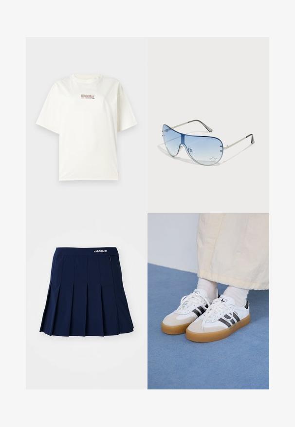 Fehér, rövid ujjú, kerek nyakú póló, a középső elején egy kis piros és barna logós felirattal. Pamut anyagból készült.; Tengerészkék, rakott szoknya könnyű anyagból; rugalmas derékrésszel és egy kis cipzáras zsebbel rendelkezik, elöl fehér Adidas logóval.; Fehér sportcipő fekete csíkokkal és bézs velúr részletekkel. Texturált gumi talppal és lapos fehér fűzőkkel rendelkezik, világos színű zoknival viselve.; Pilóta napszemüveg, melynek áttetsző kék lencséje, ezüst fém kerete és díszes csillag díszítések találhatók a lencsén. Simogató és elegáns dizájn.