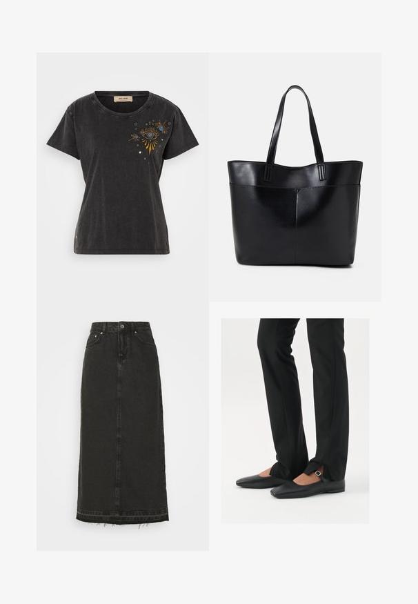Sort bomulds t-shirt med korte ærmer, rund hals og broderet øje-design med guld- og blå accenter på forsiden.; Sort denim midi-nederdel med en tætsiddende talje, frontknaplukning og frynset kant. Har klassisk fem-lomme-design og let struktur.; Sorte læder balletflade sko med spids tå, rem med sølvspænde, parret med sorte skræddersyede bukser med slids i bunden.; Sort læder tote taske med to lange håndtag, en glat tekstur og en struktureret form. Har en forlommem for ekstra opbevaring.