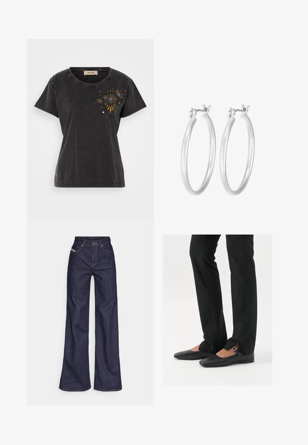 Sort bomulds t-shirt med korte ærmer, rund hals og broderet øje-design med guld- og blå accenter på forsiden.; Mørkeblå bredbenede jeans i denimstof med høj talje, prydet med orange stikninger, fem-lomme design og knaplukning.; Sorte læder balletflade sko med spids tå, rem med sølvspænde, parret med sorte skræddersyede bukser med slids i bunden.; Sølv hoop øreringe med en glat, poleret overflade. Rund form og sikker klik-lukning. Letvægtsdesign, der er velegnet til hverdagsbrug.
