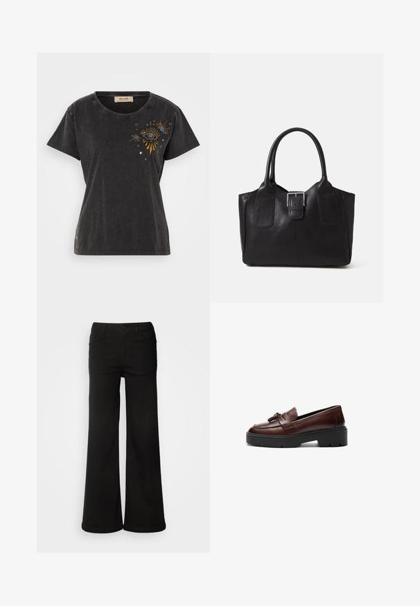 Mustan puuvillapaidan, jossa on lyhyet hihat, pyöreä kaula-aukko ja kultaisilla ja sinisillä yksityiskohdilla varustettu brodeerattu silmäkuvio etupuolella.; Mustat vältävät housut, jotka on valmistettu denimi-kankaasta, jossa on etutaskut, nappikiinnitys ja sileä pinta puhtaalla viimeistelyllä.; Ruske nahka loafer, koji ima elegantan dizajn, kontrastnu crnu platformu i ukrasnu rese na gornjem delu. Glatka tekstura.; Musta nahkainen olkalaukku, jossa on sileä pinta, ryhdikäs muoto, kaksi kahvaa ja silmienpistävä hopeinen solkiyksityiskohta edessä.; Hopealaisia metallisia nahkatakkeja, jossa on turkis kaulus, varustettuna vetoketjulla ja teksturoidulla pinnalla. Suuret pisaramuotoiset korvakorut, joissa on kirkkaat jalokivet.