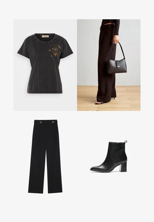 Schwarzes Baumwoll-T-Shirt mit kurzen Ärmeln, rundem Ausschnitt und gesticktem Augendesign mit goldenen und blauen Akzenten auf der Vorderseite.; Schwarze weite Hosen mit hoher Taille, Knopfdetails am Bund und vorderen Falten.; Schwarze Leder-Ankle-Boots mit runder Spitze, moderatem Blockabsatz und einer Schlaufe an der Rückseite. Glatte Textur, minimales Design.; Schwarze Handtasche mit strukturierter Form, glatter Textur und einem metallischen Verschluss. Kombiniert mit weiten schwarzen Hosen und offenen Sandalen auf einem Holzboden.
