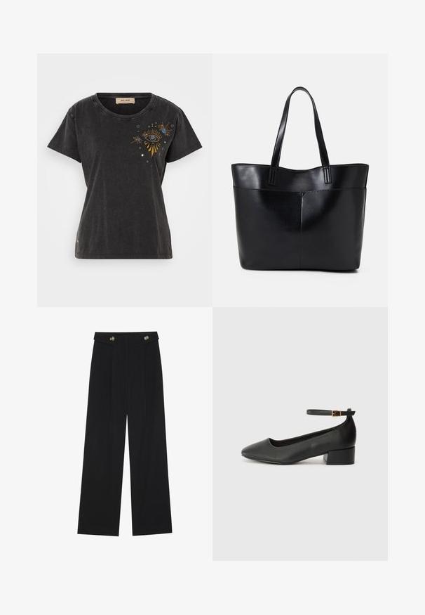 Sort bomulds t-shirt med korte ærmer, rund hals og broderet øje-design med guld- og blå accenter på forsiden.; Sorte vide bukser med høj talje, knapdetaljer på taljebåndet og frontfald.; Sorte læderpumper med spids tå og en lav blokhæl. Har en ankelrem med en guldfarvet spænde. Glat tekstur.; Sort læder tote taske med to lange håndtag, en glat tekstur og en struktureret form. Har en forlommem for ekstra opbevaring.