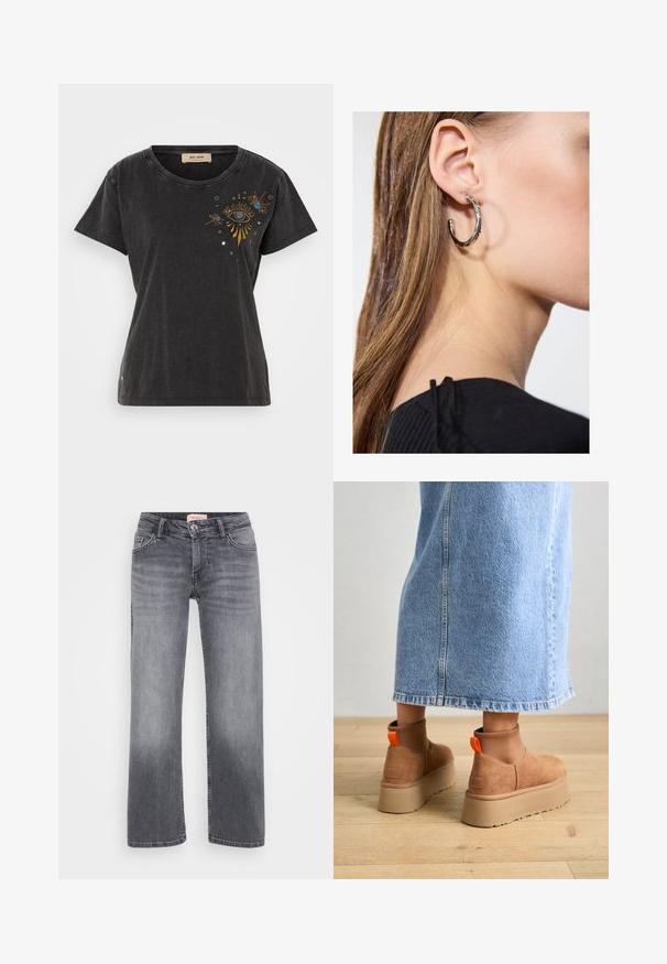 Čierne bavlnené tričko s krátkymi rukávmi, okrúhlym výstrihom a vyšívaným dizajnom oka s zlatými a modrými akcentmi na prednej strane.; Sivé džínsy s rovnými legami, pätkový strih, jemné vyblednutie a gombíkový uzáver v páse.; Hnedé zamskové platformové čižmy s elastickými bočnými panelmi a oranžovými ťahákmi, v kombinácii s sukňou z ľahkého denimu po kolená, na drevenej podlahe.; Strieborná kruhová náušnica s lesklým povrchom, obsahujúca malé zlaté akcenty a okrúhly tvar, nosená na lalôčiku ucha.