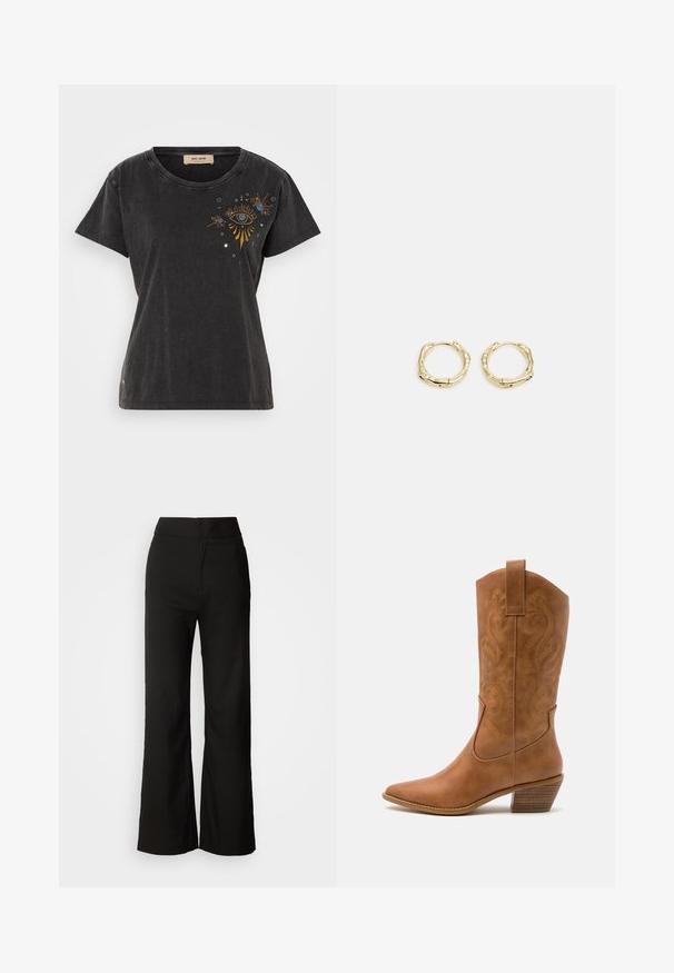 Juodas medvilninis marškinėlis su trumpomis rankovėmis, apvaliu kaklu ir siuvinėtu akių raštu su auksiniais ir mėlynais akcentais priekyje.; Juodos plačios kelnės su lygiu paviršiumi, aukšta liemeni, ir švariu dizainu. Nėra matomų kišenių ar papuošimų.; Ruda odinė kantri batai su smailiu būtų pirštu, siuvinėtais spiralės raštais ant viršaus ir su kamščiu blokuotu kulnu. Yra tamprių užtraukių, kad būtų lengviau užsidėti.; Aukso žiedo auskarai su tekstūruotu, netaisyklingu paviršiumi. Yra be siūlių užsegimas ir poliruotas paviršius, akcentuojantis modernų dizainą.