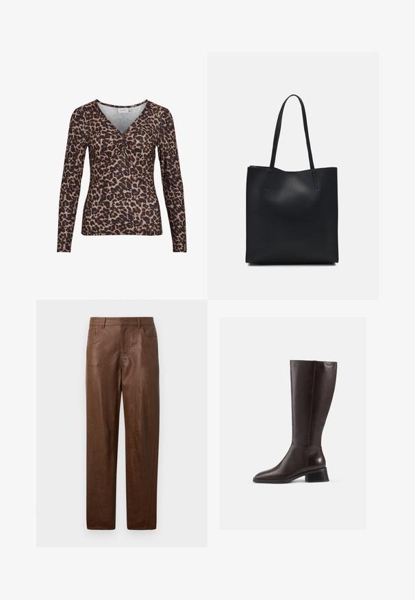 Leopardimustriga pikkade varrukatega topp V-kaelusega, keskel klambri detailiga ja valmistatud pehmest, venivast kangast.; Pruun nahkpükste siledast kangast, sirge jala disainiga ja kahe küljetaskuga. Omab nähtavaid õmbluse detaile.; Põlvikud pruunist nahast, ulatudes põlvedeni, siledaga viimistlusega, ümarate varvastega ja musta kiilukontsaga. Lihtne disain koos minimaalsete riistvaradetailidega.; Mustast nahast kott sujuva tekstuuriga, ristkülikukujuline ja kahe pika sangaga. Pole nähtavat riistvara ega kaunistusi.