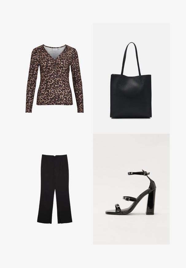 Dugog rukav proizvoda s uzorkom leoparda, s V-izrezom, koji se ističe nabranim detaljem na sredini i izrađen je od mekanog, rastezljivog materijala.; Crne hlače ravnog kroja, s prednjim džepovima i bočnim prorezima na rubu. Izrađene od mekog i glatkog materijala. Pogodne za razne prigode.; Crne lakirane sandale na pete sa kvadratnim nosom, trakama oko gležnja i srebrnim kopčama. Imaju čvrst blok petu za stabilnost.; Crna kožna torba za nošenje s glatkom teksturom, pravokutnim oblikom i dvije duge ručke. Nema vidljivih metalnih dijelova ili ukrasa.