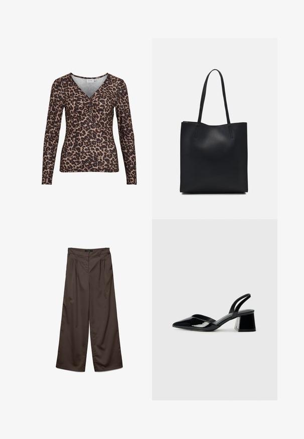 Top de manga longa com estampa de leopardo e decote em V, apresentando um detalhe franzido no centro e feito de um tecido suave e elástico.; Calças largas de tecido castanho escuro com uma textura suave. As características incluem pregas na frente e um cós padrão.; Sandy em verniz preto com salto slingback, ponta afilada e salto geométrico. Apresenta um design elegante e minimalista com textura suave.; Bolsa tote preta em couro com textura lisa, forma retangular e duas alças longas. Sem hardware ou enfeites visíveis.