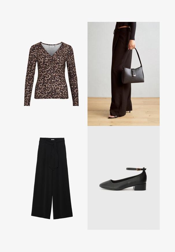 Leopárd mintás, hosszú ujjú felső, V-nyakkivágással, középen ráncolt részlettel, puha, rugalmas anyagból készült.; Fekete, bő szárú nadrág, texturált anyagból, rugalmas derékpánttal és levehető sállal a derekán, amely állítható illeszkedést biztosít.; Fekete bőr magassarkú cipő hegyes orral és alacsony tömb sarkal. Bokapánttal rendelkezik, aranyszínű csattal. Simább textúra.; Fekete kézi táska strukturált formával, sima textúrával és fémből készült záródással. Széles fekete nadrággal és nyitott orrú szandállal párosítva, fából készült padlón.
