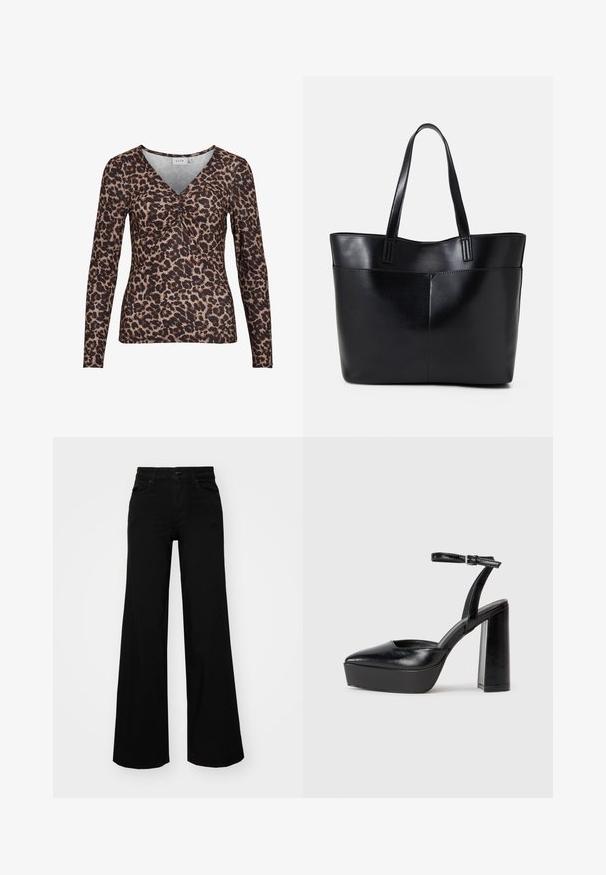 Leopard print long-sleeve top with a V-neckline, featuring a gathered detail at the center and made from a soft, stretchable fabric.; Black wide-leg pants made of denim, featuring a structured waistband, belt loops, and front pockets. Smooth texture with a classic design.; Black platform heels with a pointed toe and adjustable ankle strap. Constructed from smooth leather, featuring a chunky block heel.; Black leather tote bag with two long handles, a smooth texture, and a structured shape. Features a front pocket for additional storage.