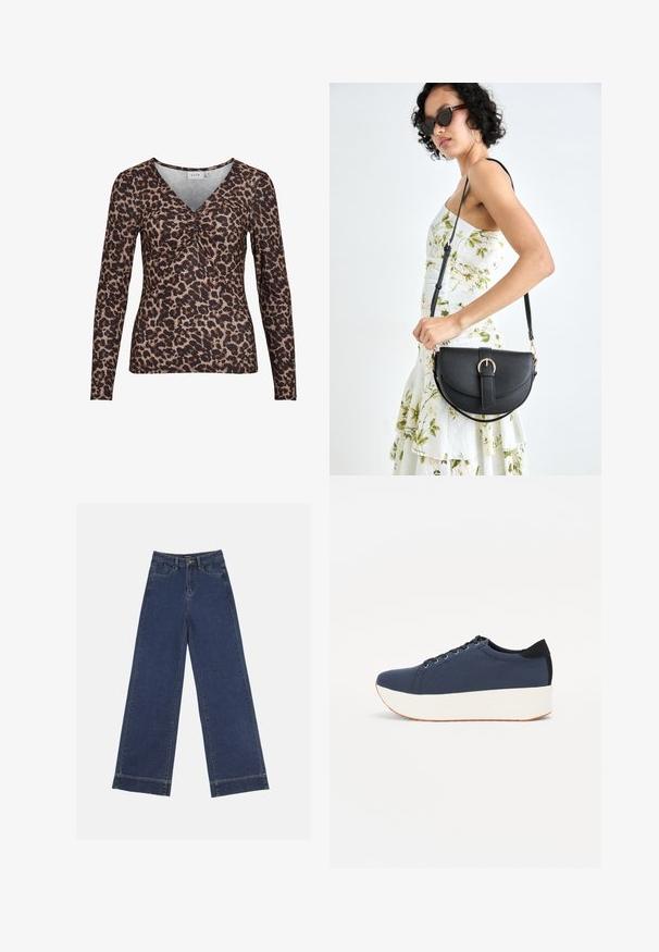 Leopardimustriga pikkade varrukatega topp V-kaelusega, keskel klambri detailiga ja valmistatud pehmest, venivast kangast.; Laiad püksid tumedast sinisest denimist. Omab viit taskut, vöölõke ja toore äärega allosas, kus on nähtavad õmblused.; Tumedat sinised tennised tekstureeritud riidest pealispinnaga, valge platvormi tallaga, ümarate varvaste ja musta kontsapaneeliga. Omab kuut silma paelte jaoks.; Mustmust mustraha kõverate joontega, eemaldatava rihmaga ja kuldsete detailidega. Kotil on klapp, millel on pandladetail.