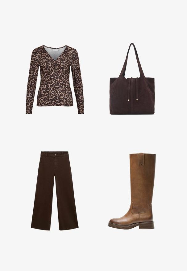 Lange mouw top met luipaardprint en V-hals, voorzien van een gathered detail in het midden en gemaakt van een zachte, rekbare stof.; Bruine wijde broek in katoenmix, met een rafelige zoom, sluiting met een knoop aan de voorkant en een klassieke vijf-pocketstijl. Minimalistisch en veelzijdig.; Bruine leren laars tot de knie met een ronde neus, gestructureerd oppervlak en een lage, gestapelde hak. Beschikt over een zijpaneel en een aantrektap aan de bovenkant.; Mango Shopper - dark brown