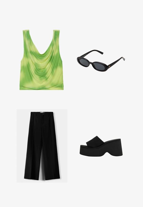 Vihreä verhoiltu toppi, jossa on kaareva kaula-aukko. Sisältää gradienttikuosin, joka vaihtelee vaaleasta tummanvihreään. Valmistettu sileästä, kevyestä kankaasta.; Mustat leveälahkeiset housut, jotka on valmistettu kevyestä kankaasta. Housuissa on etunappikiinnitys ja tasainen etuosa, sekä huolellisesti ommellut helmat.; Musta alusta saapas paksulla, pyöristetyllä pohjalla ja leveällä hihnalla. Sileä pinta, minimalistinen muotoilu ja muotoiltu rakenne vakauden vuoksi.; Mustat ylisuuruiset aurinkolasit, jotka ovat soikeat linssit, sileä muovikehys ja kultaiset korostukset temppeleissä. Tummat linssit tarjoavat suojaa auringolta.