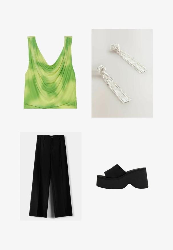 Zelený top s prehnutým výstrihom. Má gradientný vzor od svetlozelenej po tmavozelenú. Vyrobený z hladkej, ľahkej tkaniny.; Čierne široké nohavice z ľahkého materiálu, s predným zapínaním na gombík a plochým predným dielom, s pekne ušitými lemami.; Čierne platformové šľapky s hrubou, zaoblenou podrážkou a širokým pásikom. Hladký povrch, minimalistický dizajn a tvar prispôsobený pre stabilitu.; Strieborné náušnice s cípmi majú zložitý korálkový dizajn, s kaskádovými prameňmi jemného reťazca a uzlovým akcentom na vrchu.