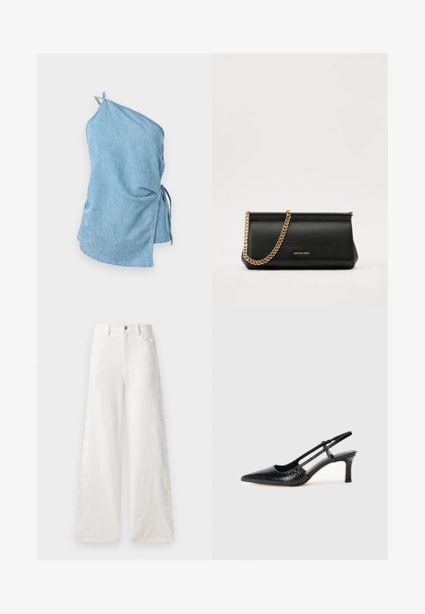 Denim vrh v svetlo modri barvi z asimetričnim dizajnom. Ima nabran stran s vezalkami in enojni naramnice za varen oprijem.; Bele široké jeans hlačnice iz denima, ki vključujejo stranske vezenine in klasičen pet-pocket dizajn. Zadrga za zapiranje s gumbom.; Črne lakaste slingback pete s koničastim nosom, ki imajo teksturiran vzorec kačje kože, nastavljiv trak in kratek teksturiran blok peto.; Črna usnjena torbica z zlatim verižnim trakom, z gladko teksturo, pravokotno obliko in embosiranim logotipom spredaj.