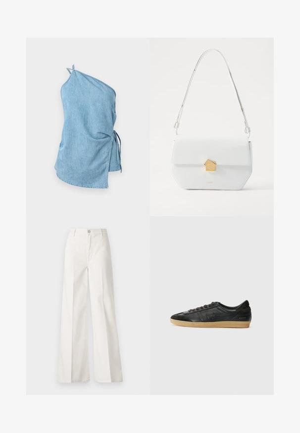 Denimová blůza v světle modré barvě s asymetrickým designem. Má na jedné straně nařasený detail se šňůrkami a jeden ramenní popruh pro bezpečné nošení.; Bílé volné kalhoty vyrobené z bavlny s hladkou texturou. Obsahují přední knoflík, zip a design se čtyřmi kapsami.; Černé kožené tenisky s semišovými akcenty, kulatá špička, gumová podrážka, ploché šňůrky a prošívané detaily. Obsahují logo značky na patě.; Bílá kožená kabelka přes rameno s geometrickým zlatým zapínáním, plochý design a prodloužený popruh. Disponuje čistými liniemi a lesklou texturou.