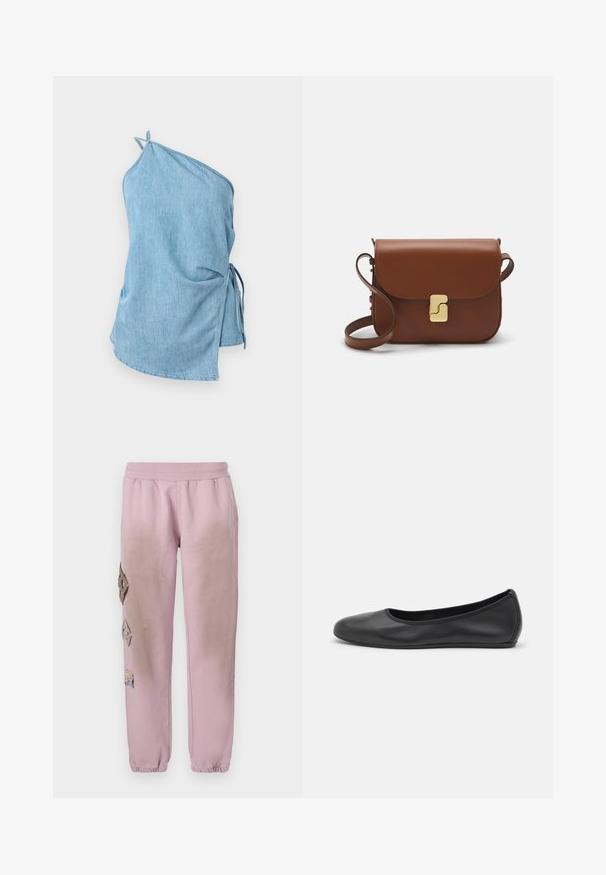 Džínová blúzka v svetlomodrej farbe s asymetrickým dizajnom. Má zhromaždenú stranu s viazaním a jedno ramenné viazanie pre bezpečné nosenie.; Ružové tepláky s elastickým pásom, s ozdobnými nášivkami v tvare diamantu na ľavej strane a elastickými manžetami na členkoch.; Čierne kožené baleríny s okrúhlou špičkou, hladkým povrchom, minimálnym prešívaním a flexibilným dizajnom podrážky.; Hnedá kožená kabelka s klopou, zlatými kovovými prvkami, ramenným popruhom a hladkým povrchom. Kompaktný obdĺžnikový tvar.