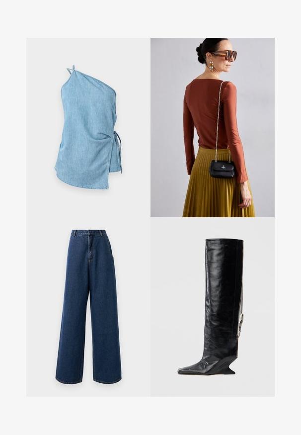 Jeansbluse i lyseblå med et asymmetrisk design. Har en samlet side med snore og en enkelt skulderrem for en sikker pasform.; Højtaljede brede jeans i mørkeblå denim med frontknap og lynlås, bæltestropper og sidelommer.; Knæhøj sort læderstøvle med spids snude, unik kilehæl og kædeudsmykning på siden. Glat tekstur med en blank finish.; Vivienne Westwood SMALL PURSE CHAIN - Skuldertasker - black