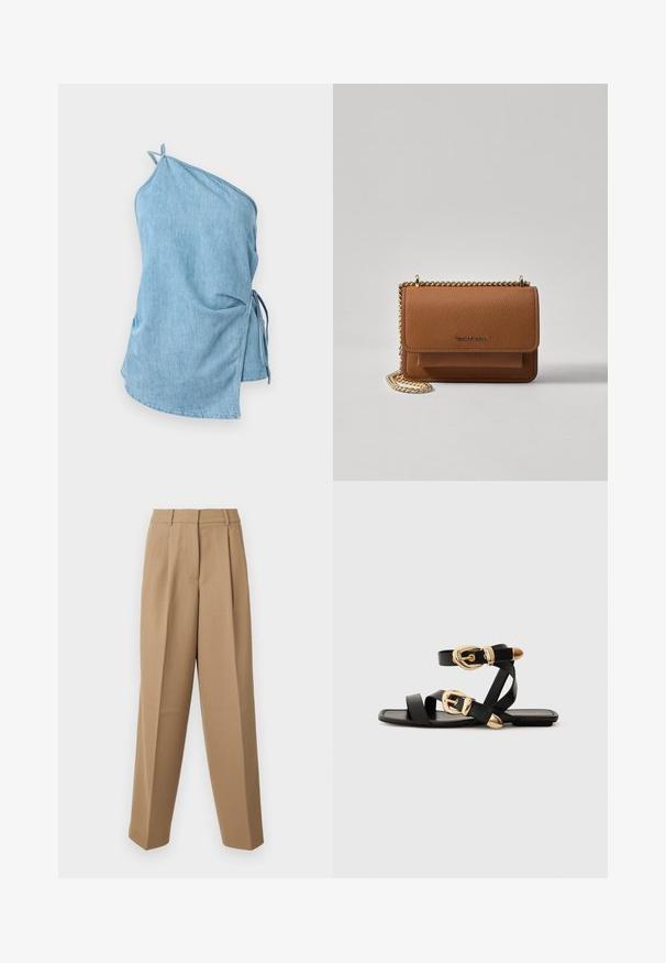 Denim top in light blue with an asymmetric design. Features a gathered side with ties and a single shoulder strap for secure fit.; Beige tailored trousers with a high waist, pleated front, and wide-leg cut. The fabric appears smooth with a slight sheen.; Black leather sandals with gold buckle accents, featuring multiple straps and a flat sole design for open-toe wear.; Brown textured leather crossbody bag with gold chain strap and flap closure. Front features logo detail and a pocket under the flap.