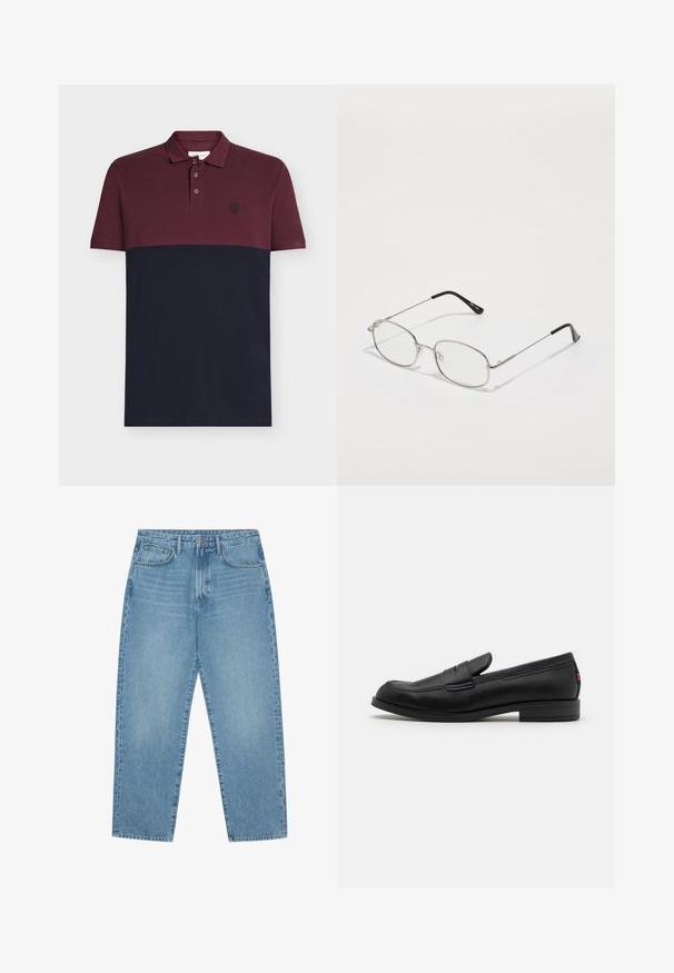 Poloshirt i bourgogne og marineblå farveblok i bomuldsmateriale med krave, tre-knaps slidse og broderet logo på brystet.; Lyseblå denimjeans med lige ben, fem-lomme design og en let falmet struktur. Indeholder knap- og lynlåslukning.; Sorte læder loafers med en glat finish, rund tå og en lille dekorativ flap. Har en lav stablet hæl og en subtil brandingdetalje.; Metal briller med en oval ramme, sølvfarvede bezel og klare linser. Slanke, lige arme med sorte spidser, minimalistisk design.