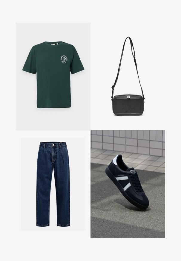 Grünes Baumwoll-T-Shirt mit kurzen Ärmeln, Rundhalsausschnitt und einem weißen "Cortado Coffee"-Logo mit einer Kaffeetasse-Grafik auf der Brust.; Dunkelblaue Denim-Jeans mit geradem Bein. Mit sichtbaren Nähten, einem Knopfverschluß und Frontfalten für zusätzliche Details.; Schwarze Leder-Sneaker mit weißen Streifen, strukturiertem Gummisohle und Schnürung. Verfügt über ein Markenetikett auf der Zunge.; Schwarze Leder-Crossbody-Tasche mit einem Reißverschluss, geprägtem Logo auf der Vorderseite und verstellbarem Riemen. Glatte Textur mit rechteckiger Form.