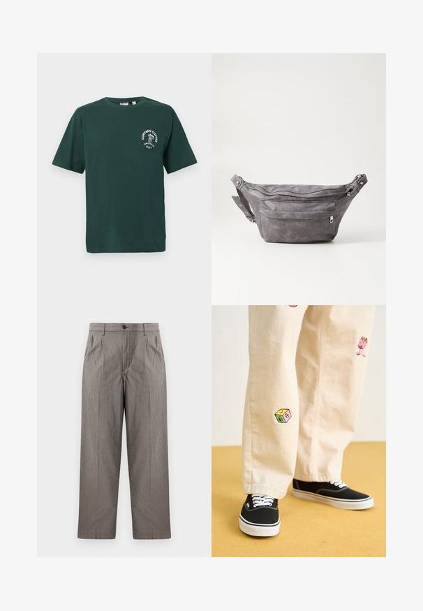 Green cotton t-shirt with short sleeves, round neckline, and white "Cortado Coffee" logo featuring a coffee cup graphic on the chest.; Gray houndstooth print trousers with a straight-leg design, featuring pleats, a waistband with a button closure, and side pockets.; Beige cotton pants with playful embroidered designs including a pink character and colored block, paired with black lace-up sneakers.; Gray suede fanny pack with a rounded shape, two zippered compartments, and adjustable strap. Features metal hardware accents.