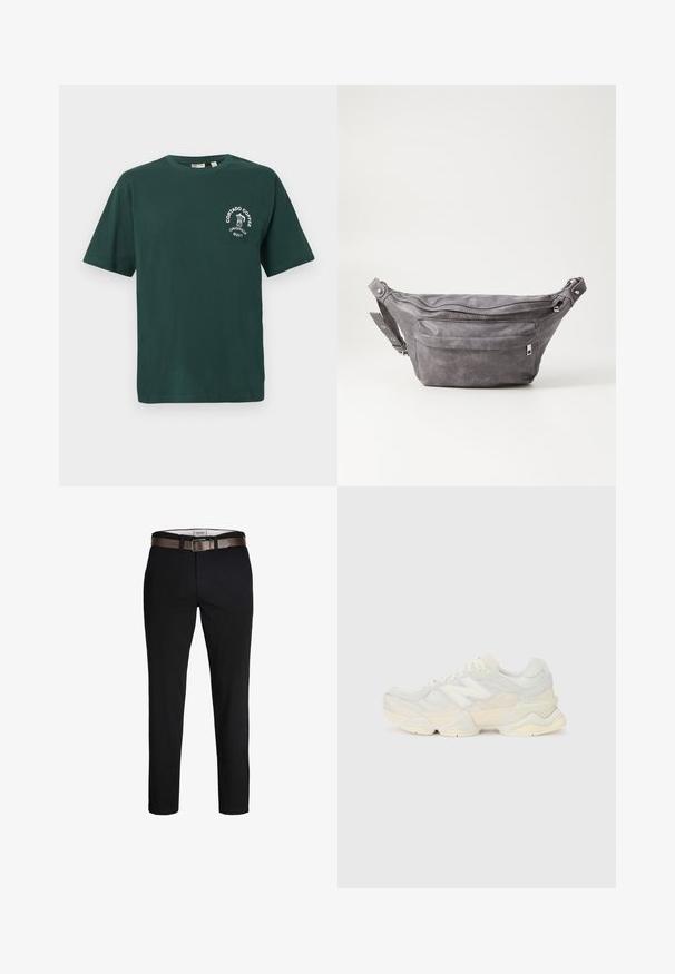 Groene katoenen t-shirt met korte mouwen, ronde halslijn en een wit "Cortado Coffee" logo met een koffie kopje grafiek op de borst.; Zwarte katoenbroek met een rechte pasvorm, voorzien van een bruine leren riem en een gladde textuur. Eenvoudig ontwerp, geen zichtbare patronen of accenten.; Lichte sneaker met een bovenwerk van mesh en suede in zachte crèmekleuren, met een chunky zool en driedimensionale accenten.; Grijze suède heuptas met een ronde vorm, twee met rits afgesloten compartimenten en een verstelbare band. Voorzien van metalen accenten.