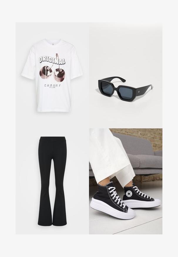 Balts kokvilnas T-krekls ar divām ķiršiem attēlā un tekstu "ORIGINAL CHERRY CLUB" zem tā. Īsās piedurknes un brīvs griezums.; Melnas izplešanās bikses, izgatavotas no elastīga auduma, ar augstu vidukli un gludu tekstūru. Bikses izvēršas no ceļa.; Melnas augstās topa kedas ar baltām gumijas zolēm un auklām. Tās ir ar apaļu logotipa uzšuvumu un kontrastējošām baltām šuvēm. Materiāls no kanvas.; Melnas lielas saulesbrilles ar ģeometrisku dizainu, taisnstūrveida lēcas un spīdīgu apdari. Uz priekša nav redzama zīmola.; Zelta auskari ar gludu, noapaļotu dizainu. Iekļauj mazu eņģu aizdari, vieglu izskatu un pulētu apdari.