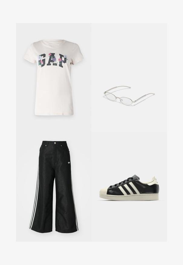 Cream cotton T-shirt featuring the word "GAP" in bold black letters, surrounded by multi-colored floral graphics. Short sleeves and round neck.; Black wide-leg denim pants with three white stripe accents on each side and a small white logo. Features front pockets and a button closure.; Black leather sneaker with white stripes, rubber toe cap, black laces, and a cream-colored outsole. Smooth texture with shiny finish.; Oval glasses with a metallic silver frame, clear lenses, and textured beaded temple accents. Lightweight design with curved arms.