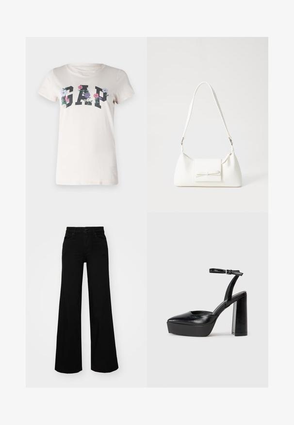 Kremo spalvos medvilnės marškinėliai su žodžiu "GAP" ryškiomis juodomis raidėmis, apsuptais daugiakomponentės gėlių grafikos. Trumpomis rankovėmis ir apvalia apykakle.; Juodos plačios kelnės iš denimo, turinčios struktūruotą juosmenį, diržo kilpas ir priekines kišenes. Lygus paviršius su klasikinio dizaino elementais.; Juodi platforminiai aukšti kulniukai su smailiu kojų pirštu ir reguliuojamu kulkšnies dirželiu. Pagaminti iš lygaus odos, turi masyvų blokinį kulną.; Balta sintetinė rankinė trikampio formos, plokščiu priekiu su užsegimu, kaspino detale, reguliuojama dirželiu, lygia tekstūra ir minimalistišku dizainu.