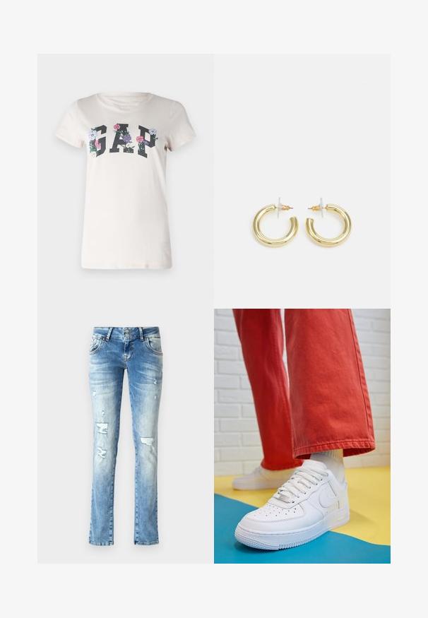 Crème katoenen T-shirt met het woord "GAP" in vetgedrukte zwarte letters, omringd door meerkleurige bloemgraphics. Korte mouwen en ronde hals.; Lichtblauwe denim jeans met een relaxte pasvorm, voorzien van versleten details, een knopenfly met twee knopen en rechte pijpen.; Witte leren sneaker met geperforeerde teenbox, gestructureerde zool en witte veters, gecombineerd met wijde rode broeken en een blauw-geel achtergrond.; Gouden creolen met een gladde, glanzende afwerking. Circulaire vormgeving met een kleine post en een doorzichtige achterkant voor een veilige draagervaring.