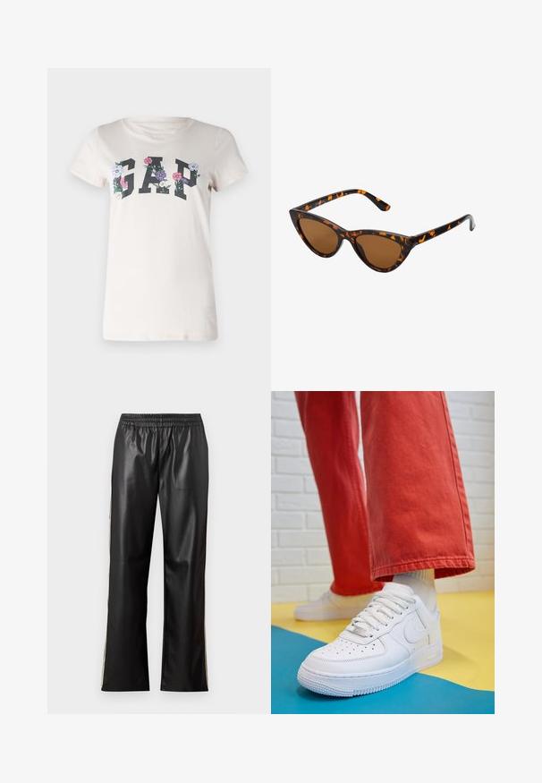 Cream cotton T-shirt featuring the word "GAP" in bold black letters, surrounded by multi-colored floral graphics. Short sleeves and round neck.; Black faux leather pants with an elastic waistband, straight leg design, and contrasting side stripes. Smooth texture and minimalist style.; White leather sneaker with perforated toe box, textured sole, and white laces, paired with wide red pants and a blue and yellow background.; Cat-eye sunglasses with a black and orange tortoiseshell frame, brown lenses, and sleek, pointed tips. Features a minimal logo on the temple.; Gold hoop earrings with a smooth, shiny finish. Circular design featuring a small post and clear backing for secure wear.