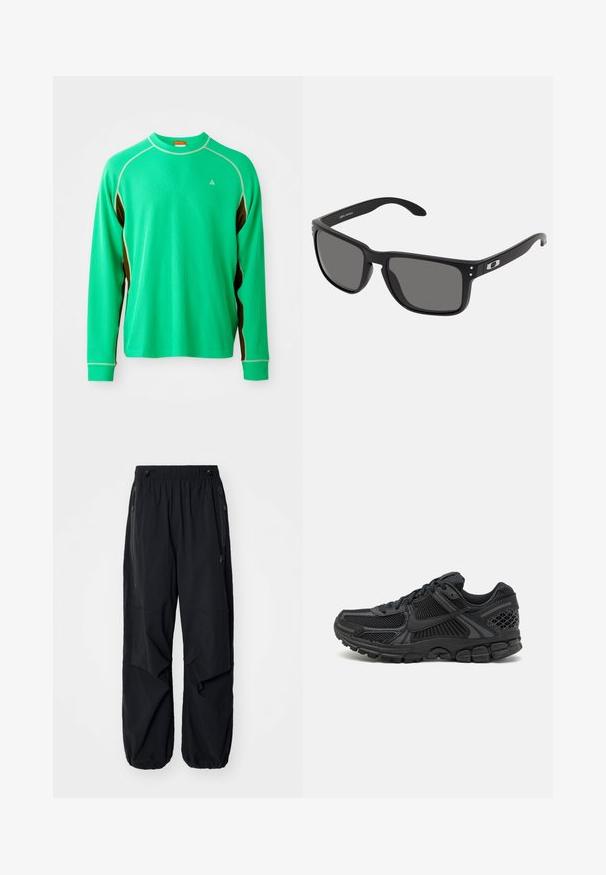 Zelené sportovní tričko s dlouhým rukávem, texturovanou látkou, kontrastními hnědými bočními akcenty a bílým prošíváním kolem límce a švů.; Černé lehké cargo kalhoty s elastickým pasem, bočními zipy a prostornými kapsami. Mají volný střih a zúžené manžety.; Černá sportovní bota s síťovinovým svrškem, gumovou podrážkou a texturovanými akcenty. Design zahrnuje výrazný systém šněrování a polstrovanou podrážku.; Černé sluneční brýle s tlustým plastovým rámem, tmavě šedými skly a jemnými kovovými akcenty na stranách. Čtvercový tvar s hladkým povrchem.
