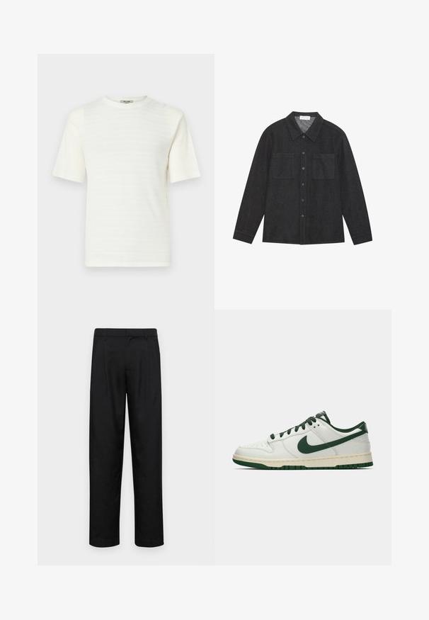 Hvit kortermet T-skjorte laget av teksturert stoff med et subtilt horisontalt mønster. Rund halsdesign, avslappet passform.; Mørk grå skjorte laget av teksturert stoff, med spiss krage, knappelukking foran og to brystlommer. Lange ermer med knappede mansjetter.; Sorte bukser laget av glatt stoff, med rette ben, to frontfoldninger og standard liv med beltehemper.; Hvit lav sneaker med mørkegrønn Nike swoosh, snøring og såleakkenter, vist i profil mot en enkel hvit bakgrunn.