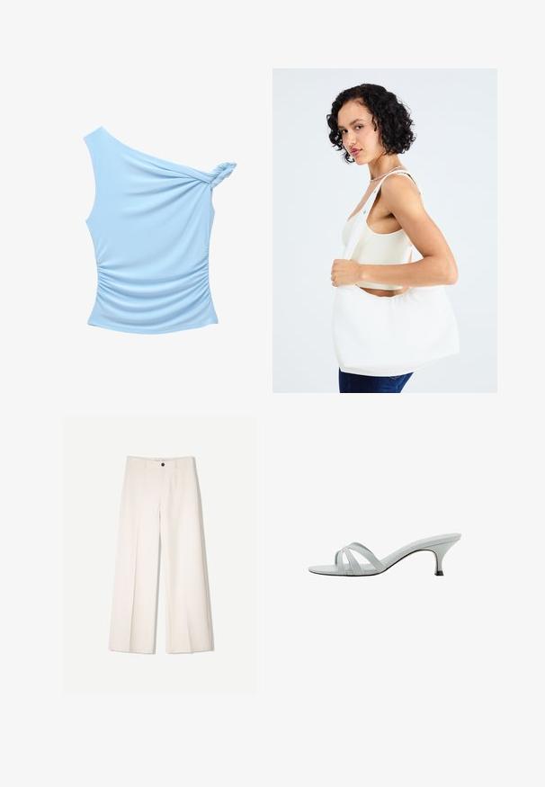 Asymetrická blúzka s jedným ramenom v svetlomodrej farbe, vyrobená z hladkej látky, s prekrúteným detailom na ramene a nariasenými stranami.; Krémové široké nohavice s nohavicami na mieru, s dvoma prednými vreckami a jedným predným zapínaním na gombík, vyrobené z hladkej tkaniny.; Svetlo šedé sandále na podpätku s tromi krížovými popruhmi, štíhlym profilom a zužujúcim sa podpätkom. Hladká textura s mierne lesklým povrchom.; Biely ramenný vak vyrobený z hladkého materiálu, s oválnym výrezom a širokým popruhom. Jednoduchý a moderný, bez viditeľného kovania.