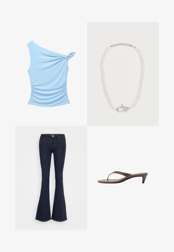 Asymmetrische blouse met één schouder in lichtblauw, gemaakt van gladde stof, met een gedraaide schouderdetail en geplooide zijkanten.; Donkere jeans met flare, een aansluitende taille, een sluiting met een voorbutton, een vijf-pocket ontwerp en naaddetails langs de benen.; Bruine hakken flip-flop sandaal met een slanke band en ronde teenpost, met een kleine gouden accent op de voetbed.; Witte parelketting met verschillende vormen en maten, met een zilveren sluiting met toggle. Gladde textuur met een glanzende afwerking.