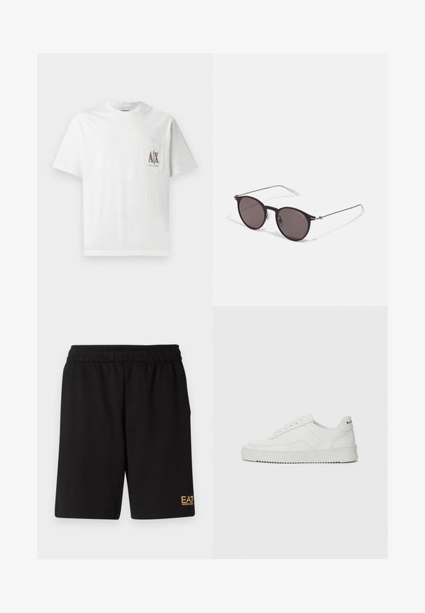 Bela bombažna majica s kratkimi rokavi, okroglo ovratnikom in žepom na levi strani prsi, okrašena z vezenim logotipom "A|X" v rjavi barvi.; Črne športne kratke hlače iz mehkega blaga, z elastičnim pasom in majhnim rumenim logotipom EA7 na spodnjem levem delu noge.; Bela usnjena športna obutev z gladko površino, okroglo prst, ravne vezalke in teksturiran podplat. Ima diskretno logo na peti.; Črne okrogla sončna očala s temnimi lečami in tankimi kovinskimi ročaji. Vključujejo prosojne konec ročajev in srebrne poudarke na tečaju. Minimalističen dizajn.