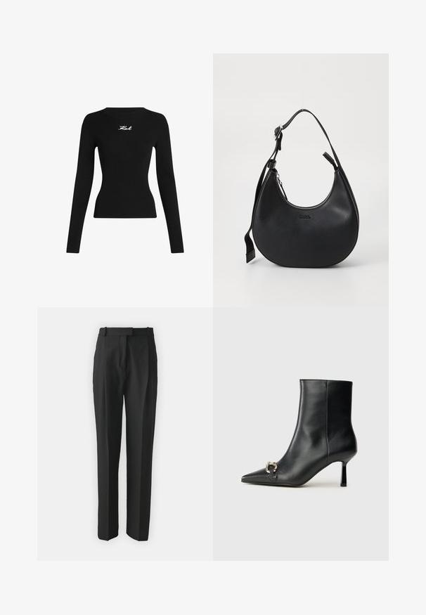 Fekete bordás hosszú ujjú felső kerek nyakkivágással. Elöl középen fehér hímzett logóval díszített. Testhez simuló szabású.; Fekete, testre szabott nadrág, könnyű anyagból készült, egyenes szabású, lapos elülső résszel és övhurkokkal. Simának tűnő textúra, látható minták nélkül.; Fekete bőr bokacsizma hegyes orral, vékony közép magasságú sarokkal és ezüst csattal az oldalon, sima háttér előtt.; Fekete bőr válltáska ívelt formával, cipzáros záródással és állítható pánttal. Az elején letűzött márkázott logóval rendelkezik.