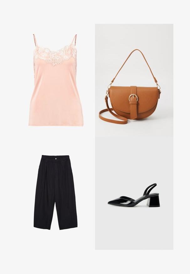 Pfirsichfarbene Spaghettiträgertop mit verstellbaren Trägern, das über eine Spitzenborte am Ausschnitt verfügt. Glattes Gewebe, weiche Textur und lockere Passform.; Schwarze Polyester-Culotte mit einem elastischen Bund, zwei vorderen Falten und einer lockeren Silhouette. Keine sichtbaren Muster oder Hardware-Details.; Schwarze Lackleder-Slingback-High Heels mit spitzem Schuh und einem geometrischen Blockabsatz. Verfügt über ein schlankes, minimalistisches Design und eine glatte Textur.; Braune Leder-Crossbody-Tasche mit geschwungener Form, goldfarbenen Beschlägen und einer Schnallenakzentuierung. Verfügt über einen abnehmbaren Schultergurt.