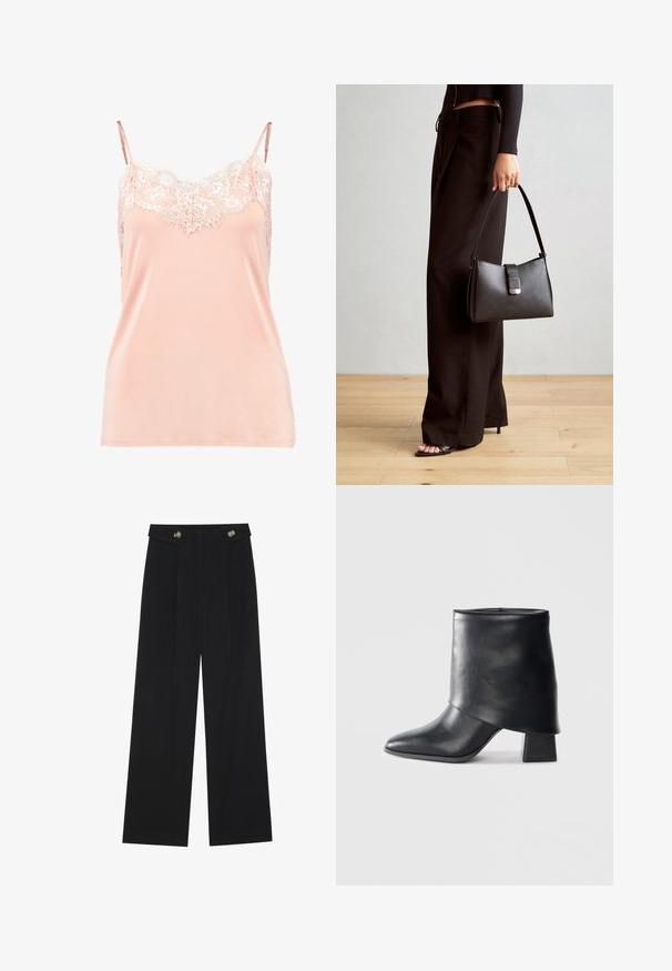 Breskvena majica na bretele s podesivim trakama, s čipkastim rubom oko dekoltea. Glatka tkanina, mekana tekstura i opušteni kroj.; Crne hlače širokih nogavica s visokim strukom, s dugmadi na pojasu i prednjim nabora.; Crna kožna čizme do gležnja sa šiljastim prstom, glatke teksture i strukturiranim blok petom. Ima visoki, preklopljeni dizajn manžetne.; Crna torba s oblikom koji sadrži strukturu, glađu teksturu i metalnu kopču. Uparena s širokim crnim hlačama i sandalama na otvorenom s drvenog poda.