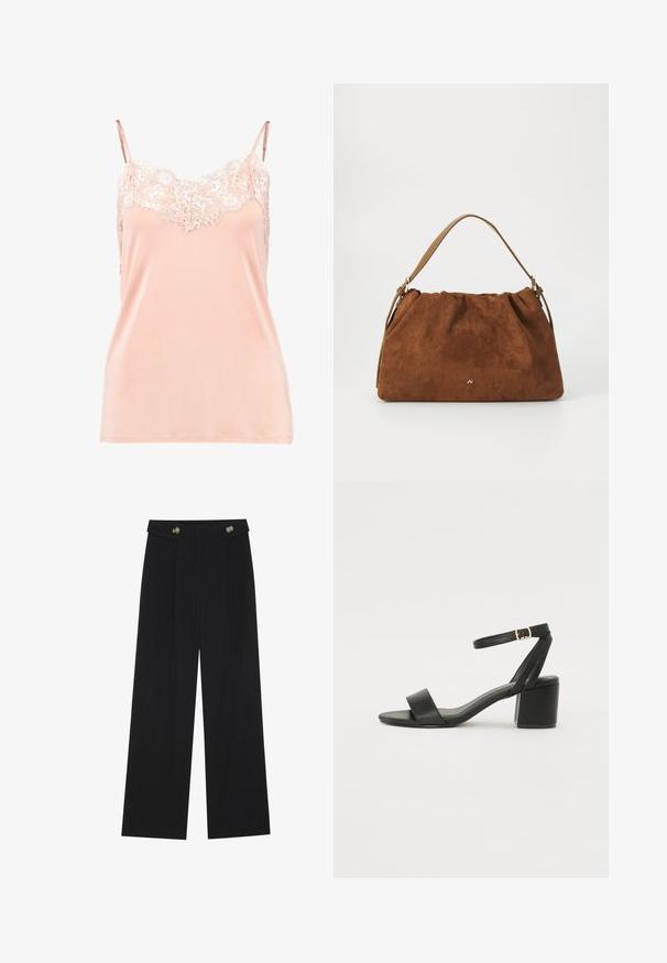 Breskvena majica na bretele s podesivim trakama, s čipkastim rubom oko dekoltea. Glatka tkanina, mekana tekstura i opušteni kroj.; Crne hlače širokih nogavica s visokim strukom, s dugmadi na pojasu i prednjim nabora.; Crne sandale na visoku petu s glatkim kožnim gornjim dijelom, otvorenom kapicom, širokim prednjim trakama i podesivim remenom oko gležnja s detaljem zlatne kopče.; Smeđa nubuk torba s nabranim dizajnom, s jednim tamnim kožnim remenom i suptilnim zlatnim logotipom na prednjoj strani.
