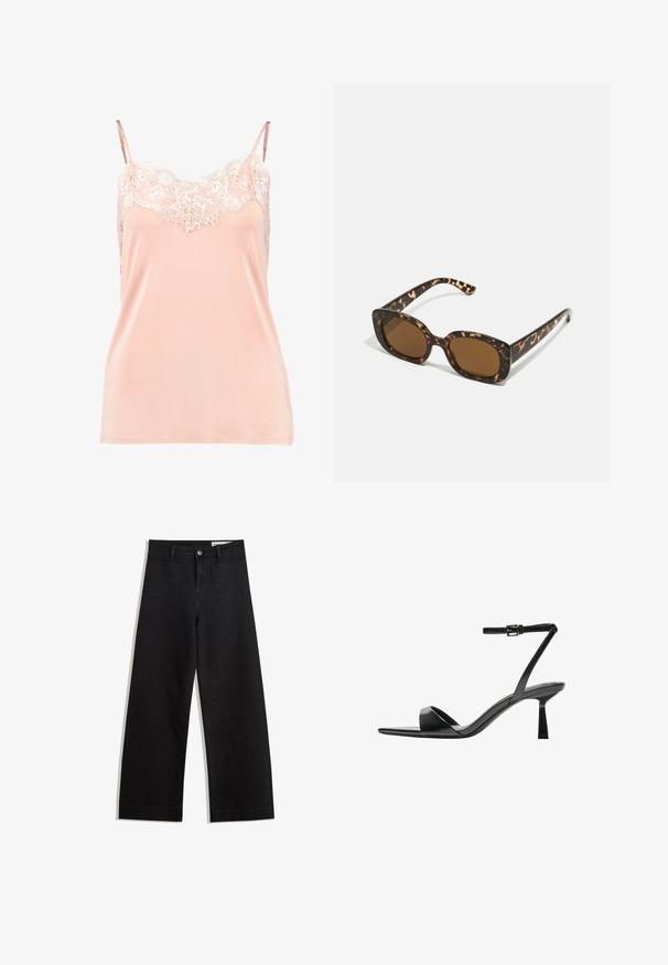 Peach camisole with adjustable straps, featuring a lace trim across the neckline. Smooth fabric, soft texture, and a relaxed fit.; Black wide-leg denim pants with a high waist, featuring front and back pockets, stitched seams, and a button closure. Smooth texture.; Bershka High heeled sandals - black; Tortoiseshell sunglasses with a rounded, chunky frame and brown lenses. Features subtle patterns and straight, tapered arms.; Black leather handbag with a smooth texture, structured design, dual handles, and a silver clasp detail at the center.