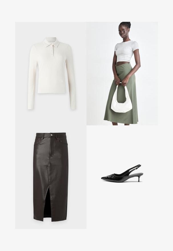 Pánská polokošile s dlouhým rukávem v krémové ribbené tkanině, která má klasický límec, zapínání na knoflíky a přiléhavý střih.; Hnědá kožená midi sukně s předním rozparkem, designem s pěti kapsami a kovovým zapínáním. Hladká textura a přizpůsobený střih.; Černé kožené lodičky na slingback s špičatou špičkou, malým podpatkem typu kitten a ozdobným uzlem na přední straně. Hladký povrch po celém obvodu.; Šedý pruhovaný crop top a olivově zelená sukně s vysokým pasem. Modelka drží bílou kabelku přes rameno s výřezovými detaily. Jednoduchý design, přiléhavý silueta.