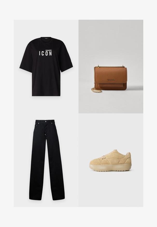 DSQUARED2 ICON TEE - Print T-shirt - black; Black wide-leg pants made of cotton, featuring a zip fly, two front pockets, and a classic five-pocket design with metal hardware accents.; Suede sneakers in light beige with a textured upper, padded collar, round toe, and a thick rubber sole, featuring subtle logo detailing.; Brown textured leather crossbody bag with gold chain strap and flap closure. Front features logo detail and a pocket under the flap.